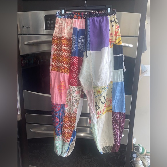 Ashley Taylor Patchwork Smocked-Waist Hippie Boho Pants Harem Cotton One Size - Picture 4 of 7